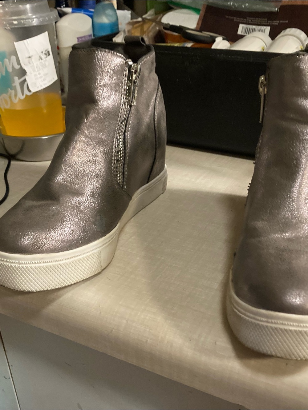 Steve Madden Metallic Pewter High-Top Wedge Sneakers with White Sole - Picture 13 of 16
